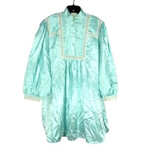 ILISE STEVENS Aqua SATIN Fleece Backing PLEATED/EYELET LACE Lounge NIGHTGOWN M
